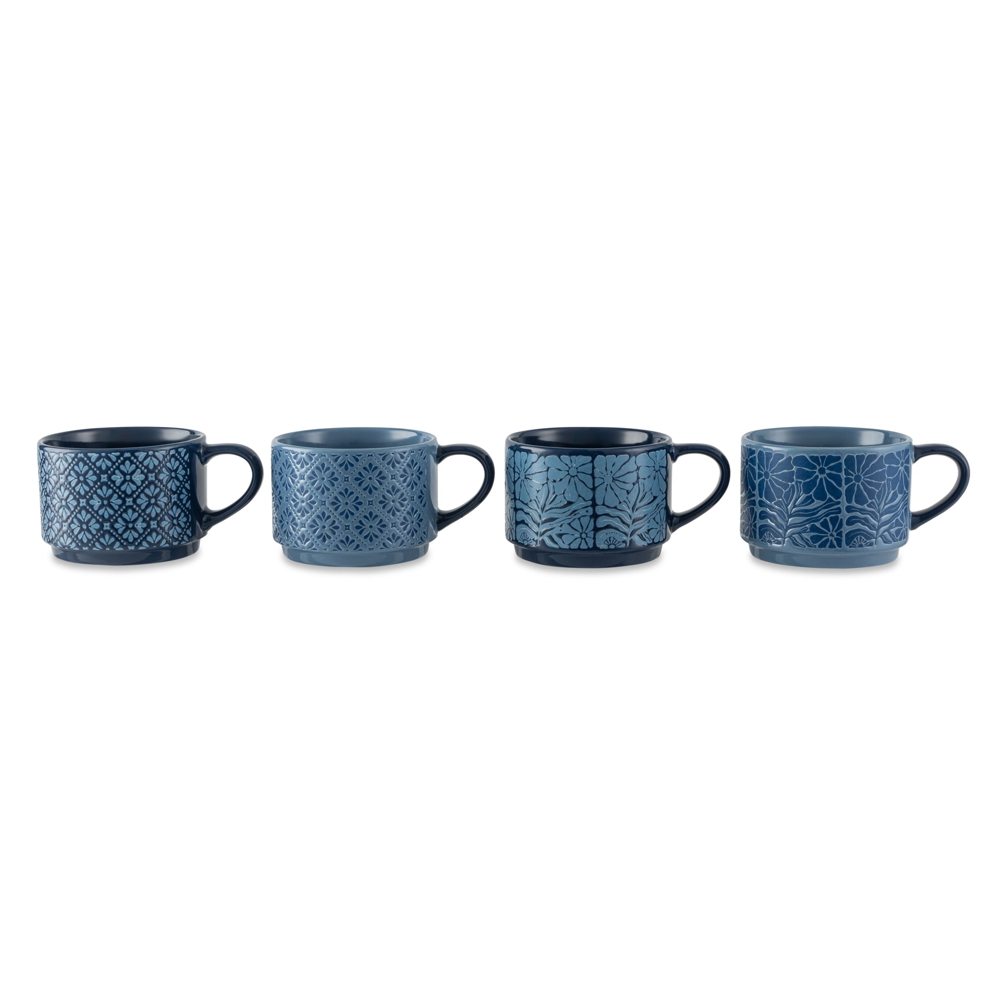 Thyme & Table 11.1 fl oz Blue Flowers and Blue Shapes Stoneware Stacking Mugs with Wire Rack, Set of 4 - Image 2