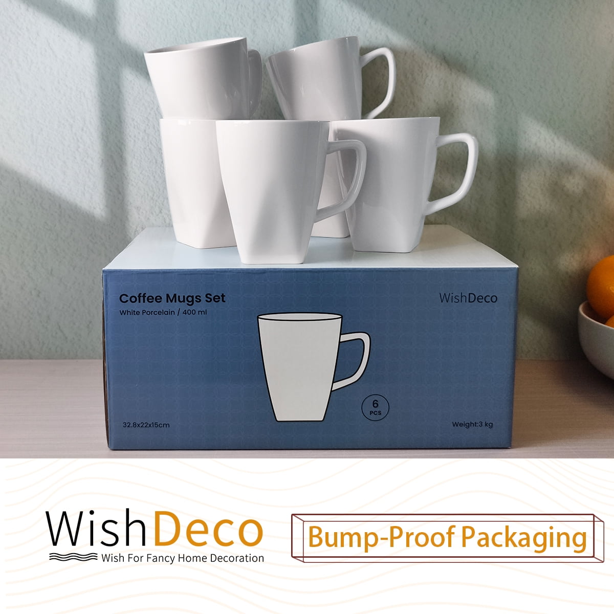 WishDeco White Coffee Mugs Set of 6, Ceramic Coffee Cups 14 oz, Modern Tea Mugs, Porcelain Tea Cups, Large Mug for Latte, Cappuccino, Milk, Juice, Cocoa, Square Bottom, Microwave and Dishwasher Safe - Image 3