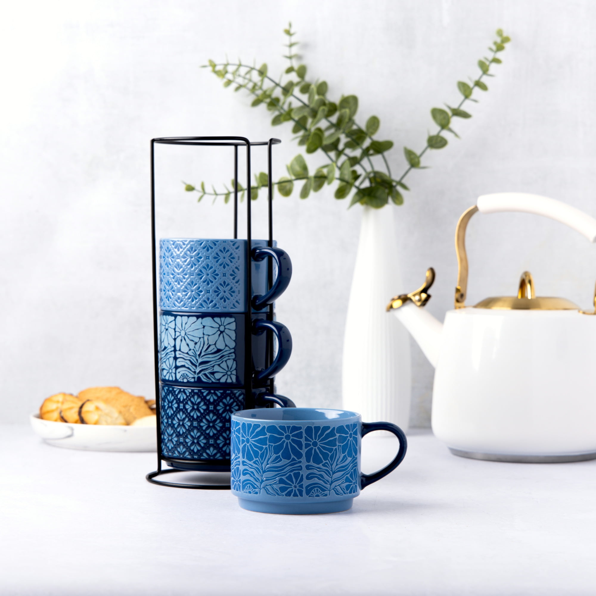 Thyme & Table 11.1 fl oz Blue Flowers and Blue Shapes Stoneware Stacking Mugs with Wire Rack, Set of 4 - Image 3