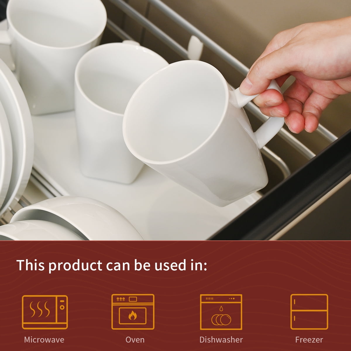 WishDeco White Coffee Mugs Set of 6, Ceramic Coffee Cups 14 oz, Modern Tea Mugs, Porcelain Tea Cups, Large Mug for Latte, Cappuccino, Milk, Juice, Cocoa, Square Bottom, Microwave and Dishwasher Safe - Image 6