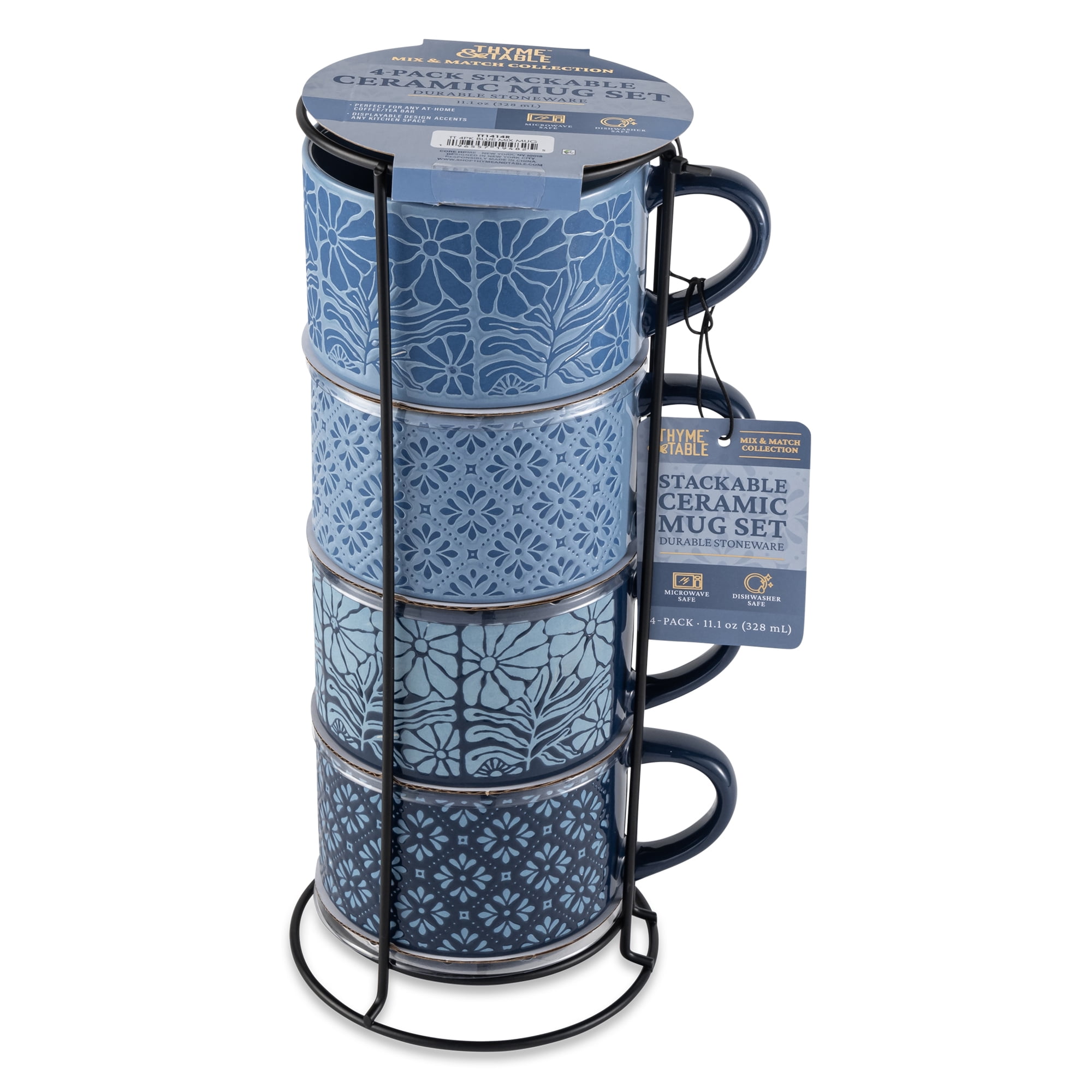 Thyme & Table 11.1 fl oz Blue Flowers and Blue Shapes Stoneware Stacking Mugs with Wire Rack, Set of 4 - Image 4