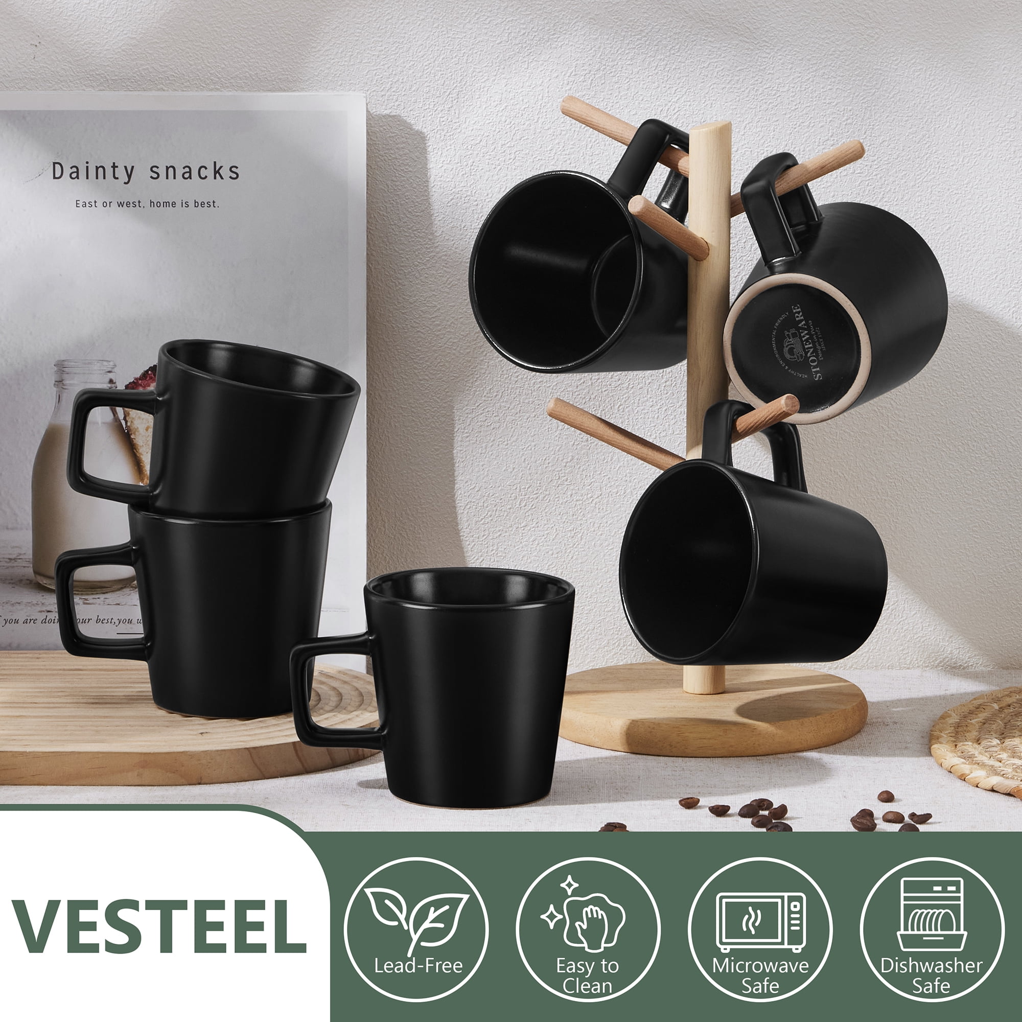 Vesteel Coffee Mugs Set of 6, 11oz Ceramic Coffee Cups with Handles for Men Women, Stoneware Mugs for Tea Latte, Housewarming Wedding Gifts, Matte Black - Image 2