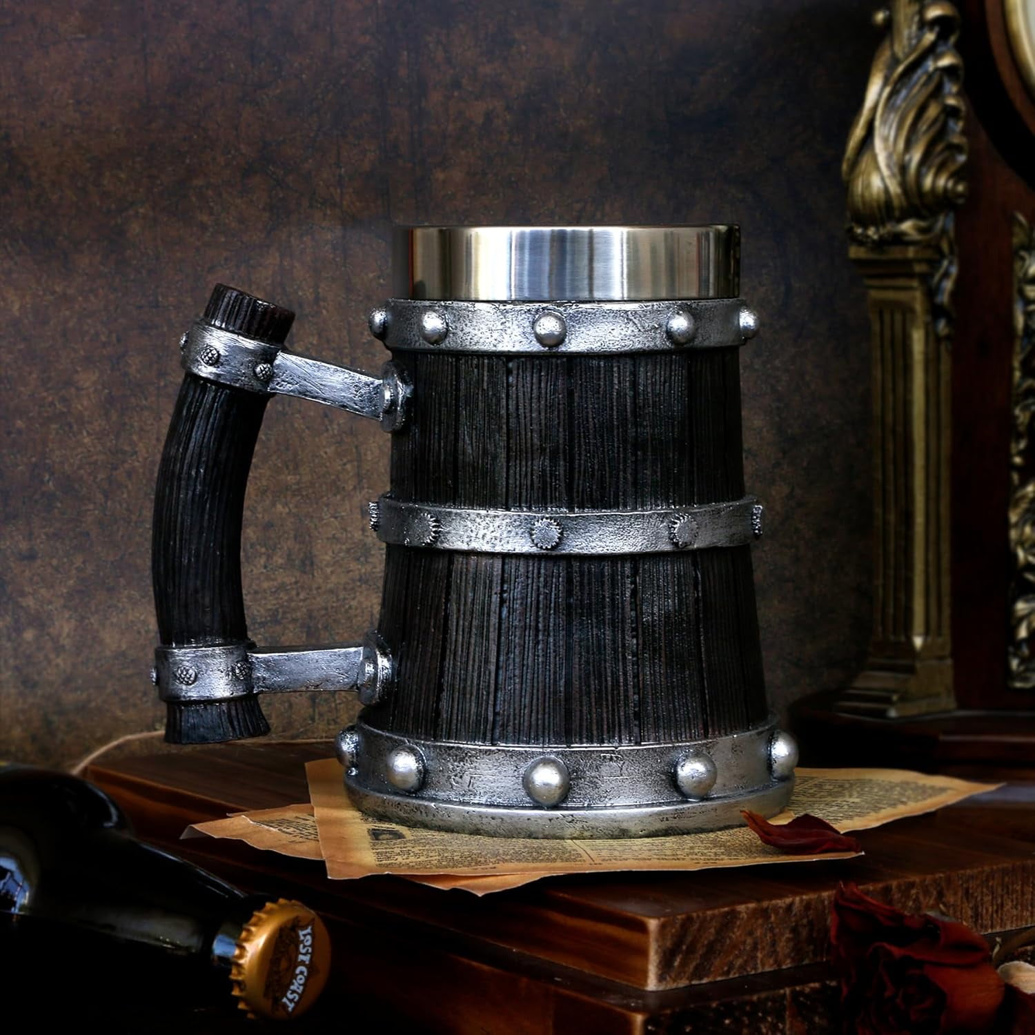 Medieval Viking Wood Beer-Tankard Mug - 21oz Norse Stainless Steel Cup Viking Gifts Coffee/Beer Mug for Men Nordic Decor - Image 8