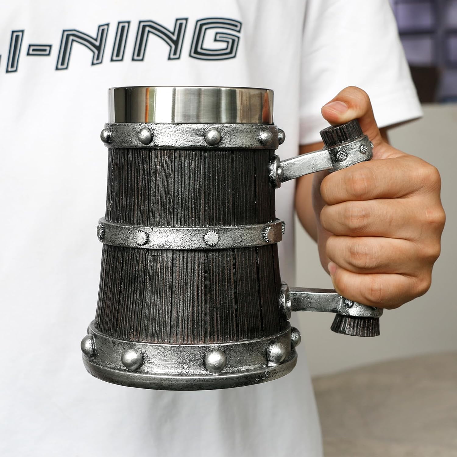 Medieval Viking Wood Beer-Tankard Mug - 21oz Norse Stainless Steel Cup Viking Gifts Coffee/Beer Mug for Men Nordic Decor - Image 6