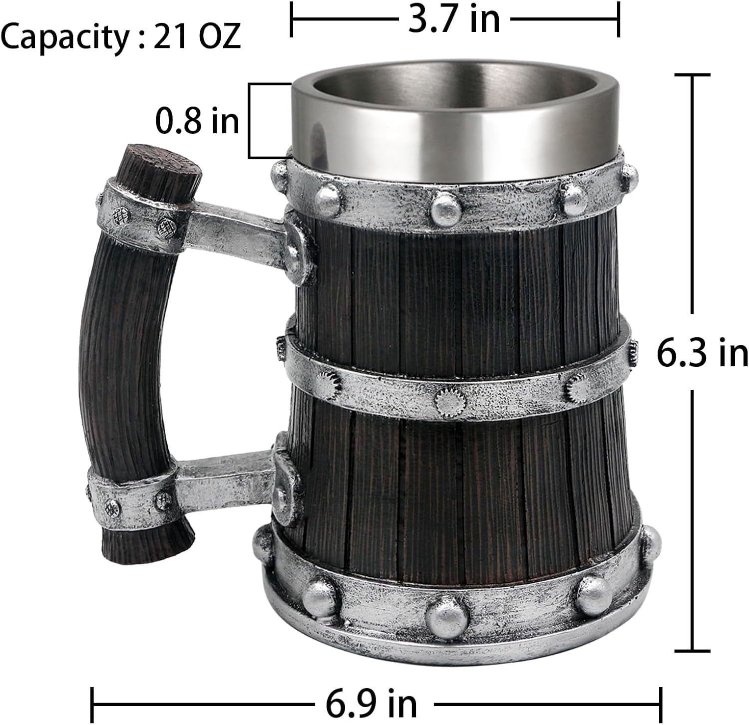 Medieval Viking Wood Beer-Tankard Mug - 21oz Norse Stainless Steel Cup Viking Gifts Coffee/Beer Mug for Men Nordic Decor - Image 3