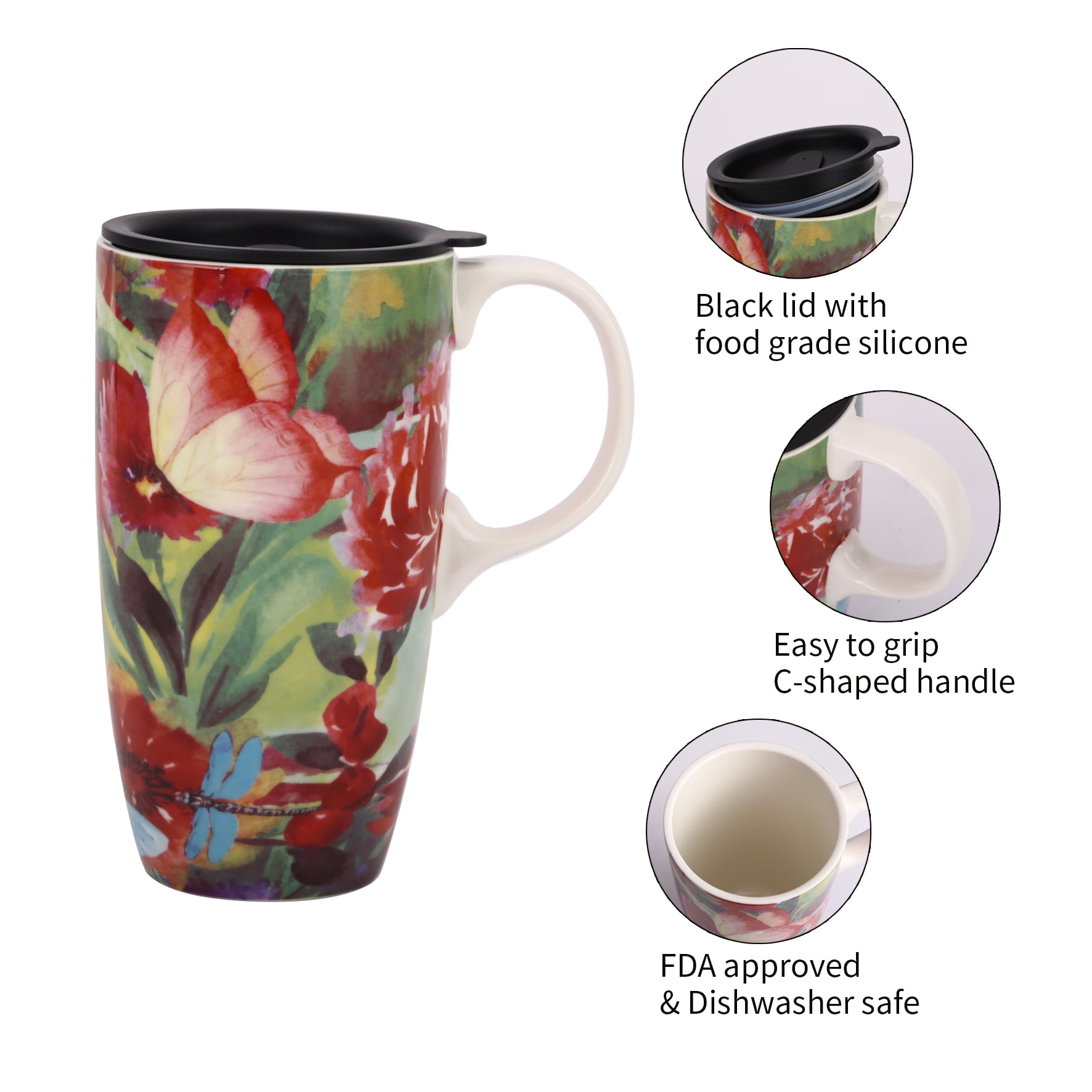 Ceramic Coffee Mug 17 oz. Coffee Cup with Color Boxs and Spill-proof Lid, Butterfly and Dragonfly - Image 7