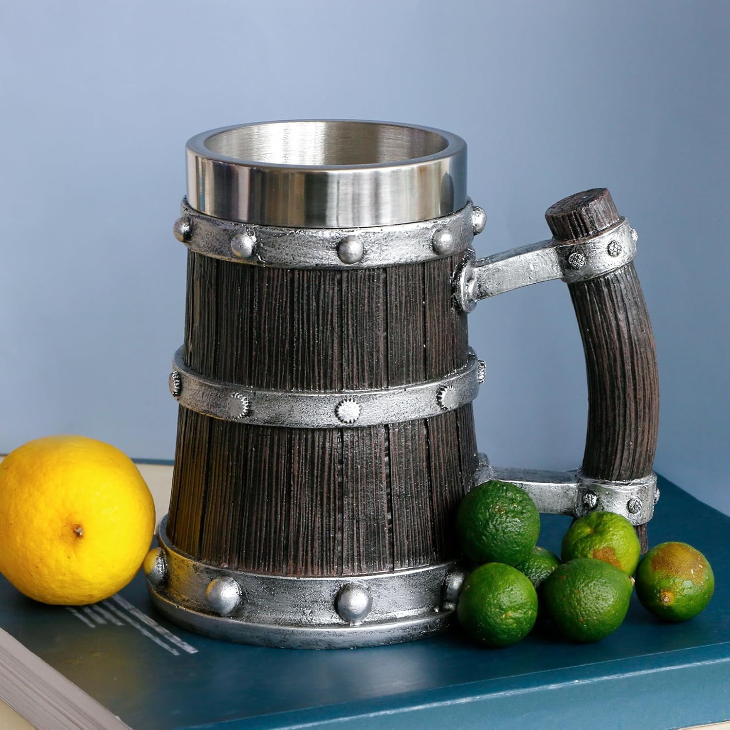 Medieval Viking Wood Beer-Tankard Mug - 21oz Norse Stainless Steel Cup Viking Gifts Coffee/Beer Mug for Men Nordic Decor - Image 2