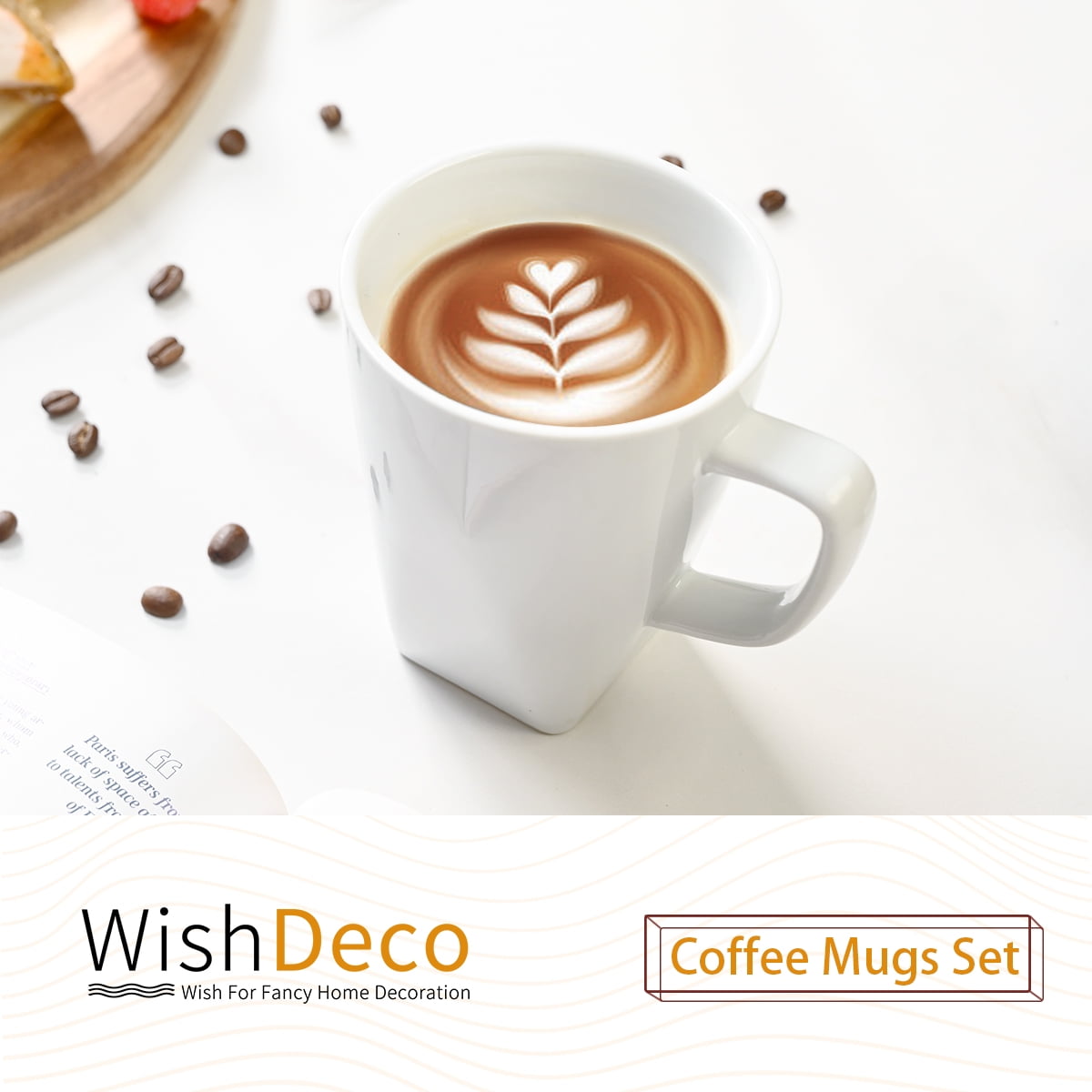 WishDeco White Coffee Mugs Set of 6, Ceramic Coffee Cups 14 oz, Modern Tea Mugs, Porcelain Tea Cups, Large Mug for Latte, Cappuccino, Milk, Juice, Cocoa, Square Bottom, Microwave and Dishwasher Safe - Image 8