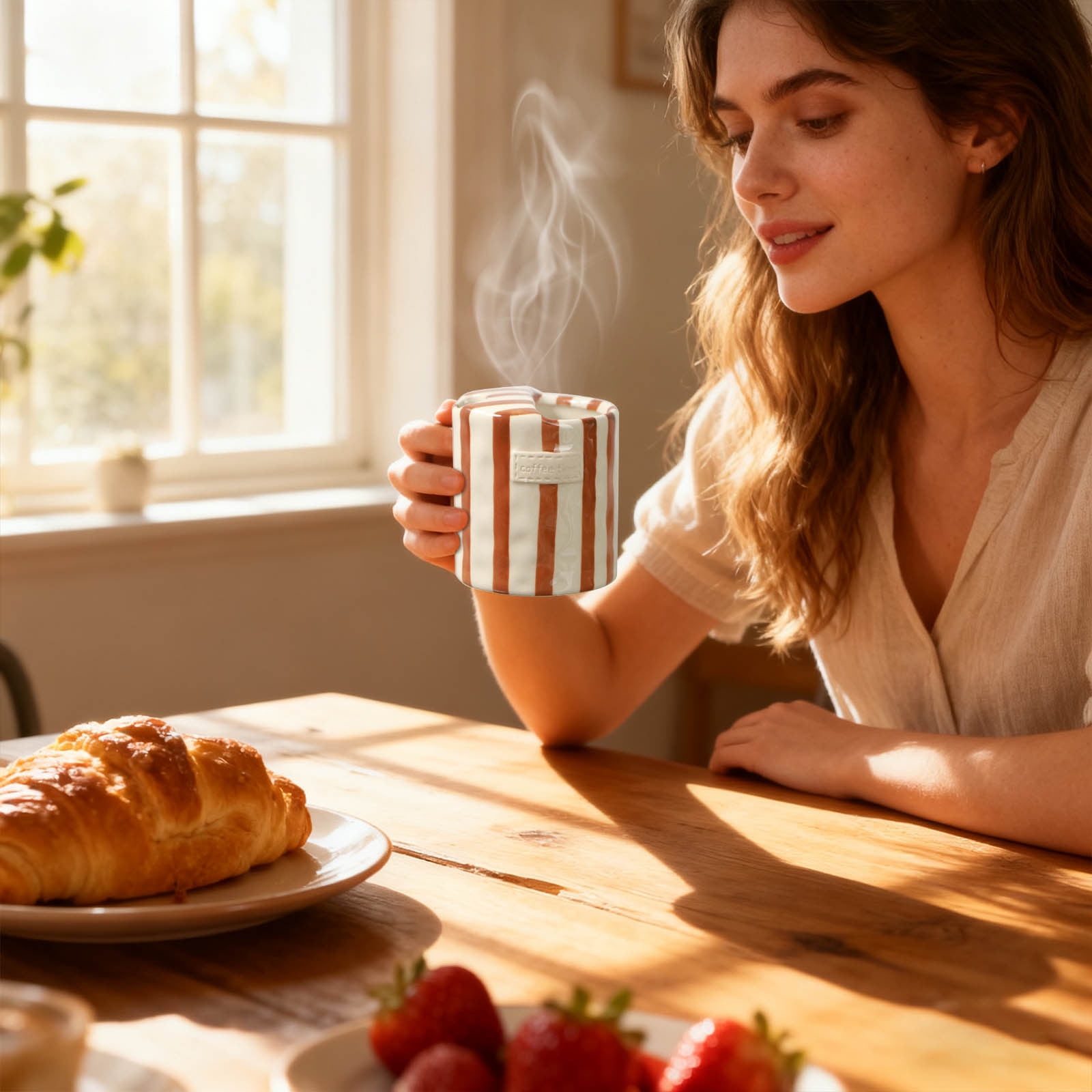 European Vintage Striped Ceramic Coffee Mug, 300ml Double-Wall Porcelain Cup for Hot Drinks, Elegant Underglaze Design for Home and Dining - Image 3