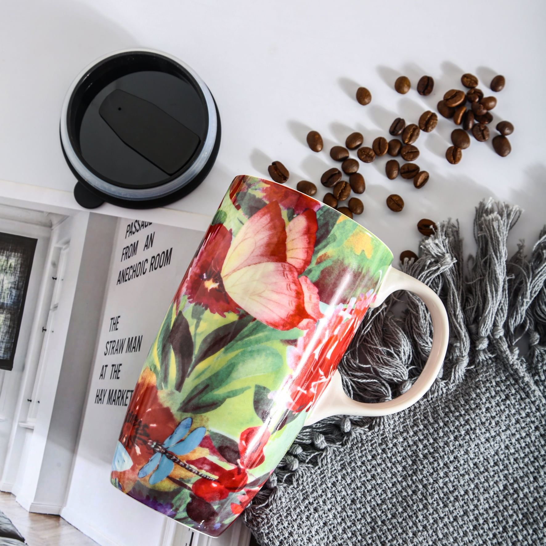 Ceramic Coffee Mug 17 oz. Coffee Cup with Color Boxs and Spill-proof Lid, Butterfly and Dragonfly - Image 3