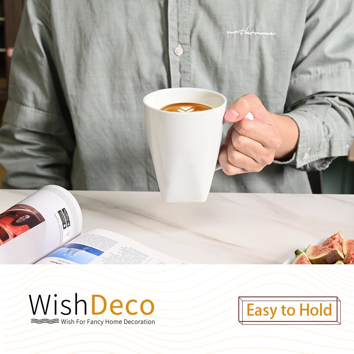 WishDeco White Coffee Mugs Set of 6, Ceramic Coffee Cups 14 oz, Modern Tea Mugs, Porcelain Tea Cups, Large Mug for Latte, Cappuccino, Milk, Juice, Cocoa, Square Bottom, Microwave and Dishwasher Safe - Image 4