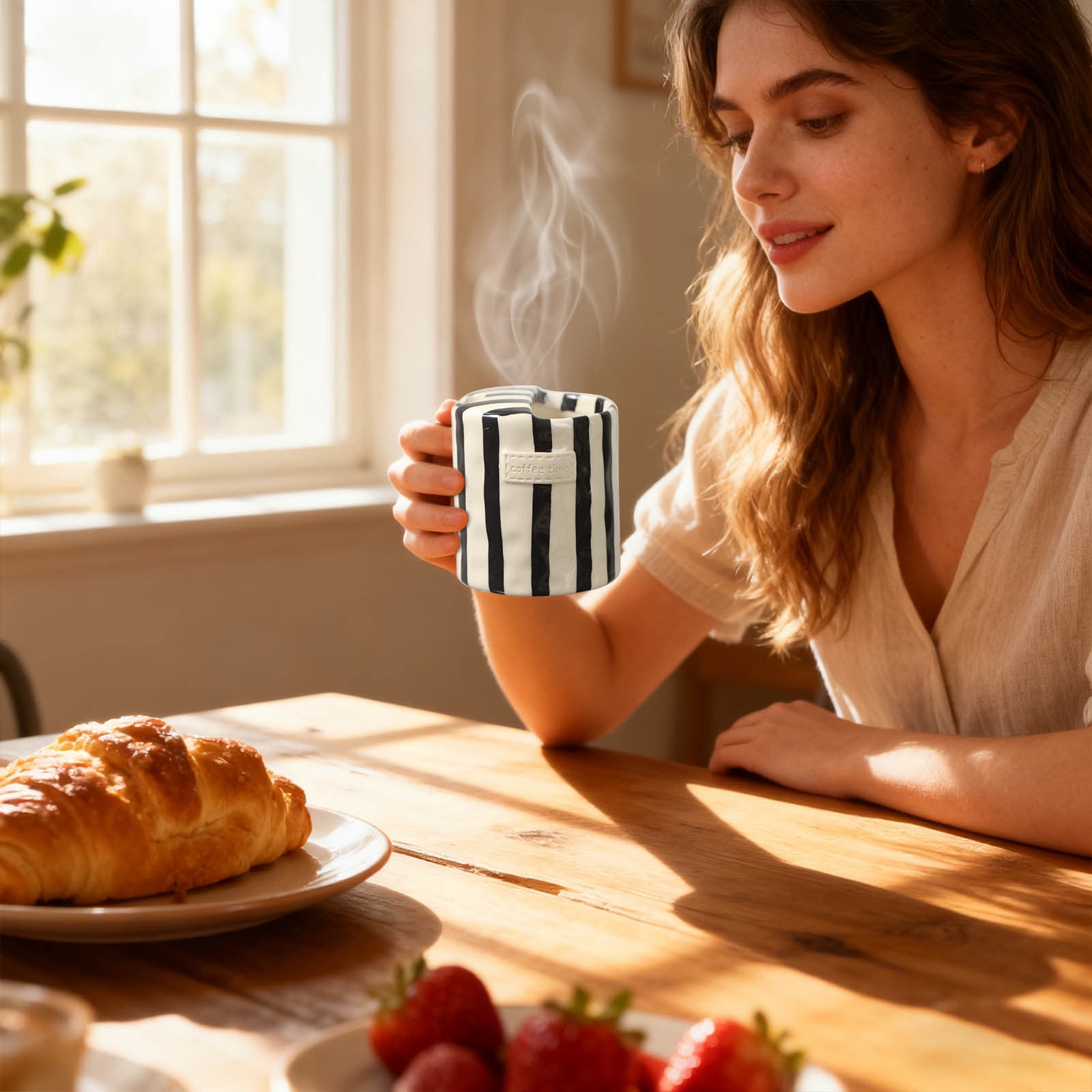 European Vintage Striped Ceramic Coffee Mug, 300ml Double-Wall Porcelain Cup for Hot Drinks, Elegant Underglaze Design for Home and Dining - Image 6