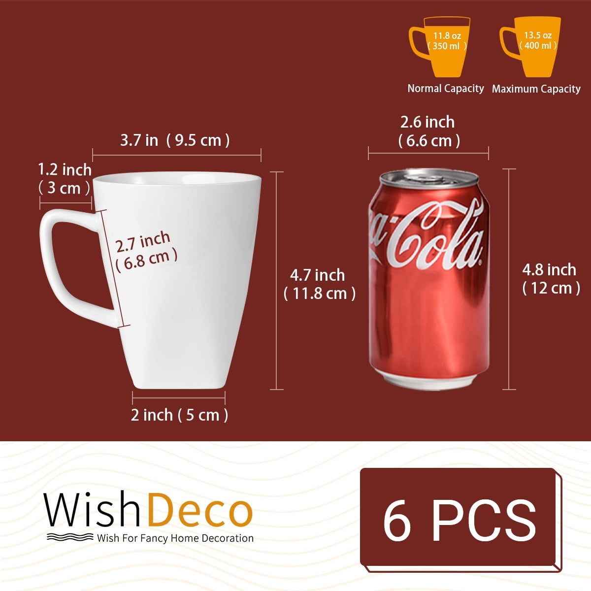 WishDeco White Coffee Mugs Set of 6, Ceramic Coffee Cups 14 oz, Modern Tea Mugs, Porcelain Tea Cups, Large Mug for Latte, Cappuccino, Milk, Juice, Cocoa, Square Bottom, Microwave and Dishwasher Safe - Image 5