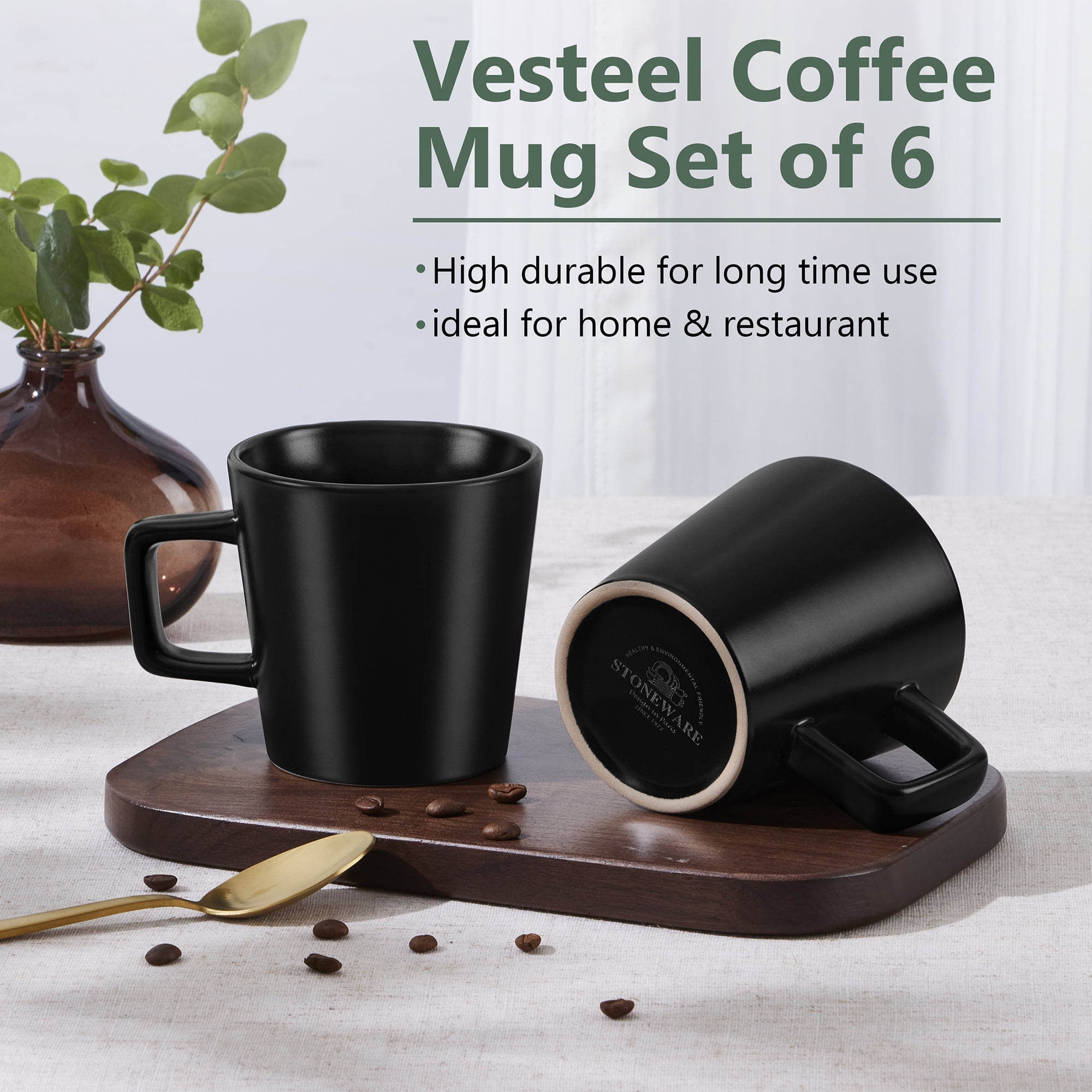 Vesteel Coffee Mugs Set of 6, 11oz Ceramic Coffee Cups with Handles for Men Women, Stoneware Mugs for Tea Latte, Housewarming Wedding Gifts, Matte Black - Image 8
