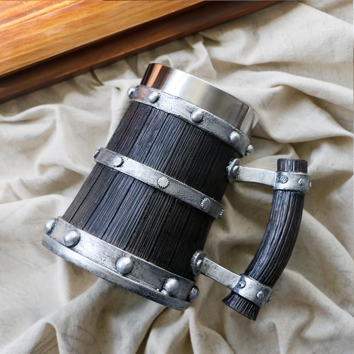 Medieval Viking Wood Beer-Tankard Mug - 21oz Norse Stainless Steel Cup Viking Gifts Coffee/Beer Mug for Men Nordic Decor - Image 4