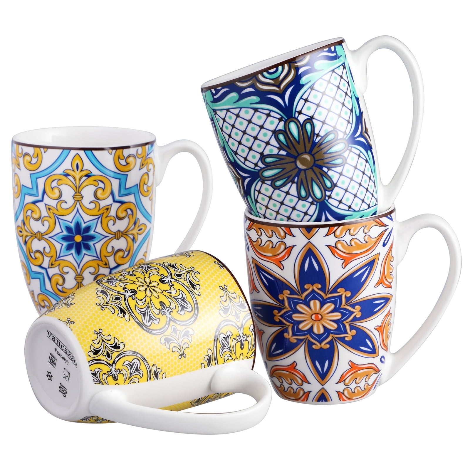 Malacasa Coffee Mugs Set of 4, 12oz Large Porcelain Mug, Ceramic Tea Cups with Handle, Dishwasher and Microwave Safe, Multicolor Bohemian