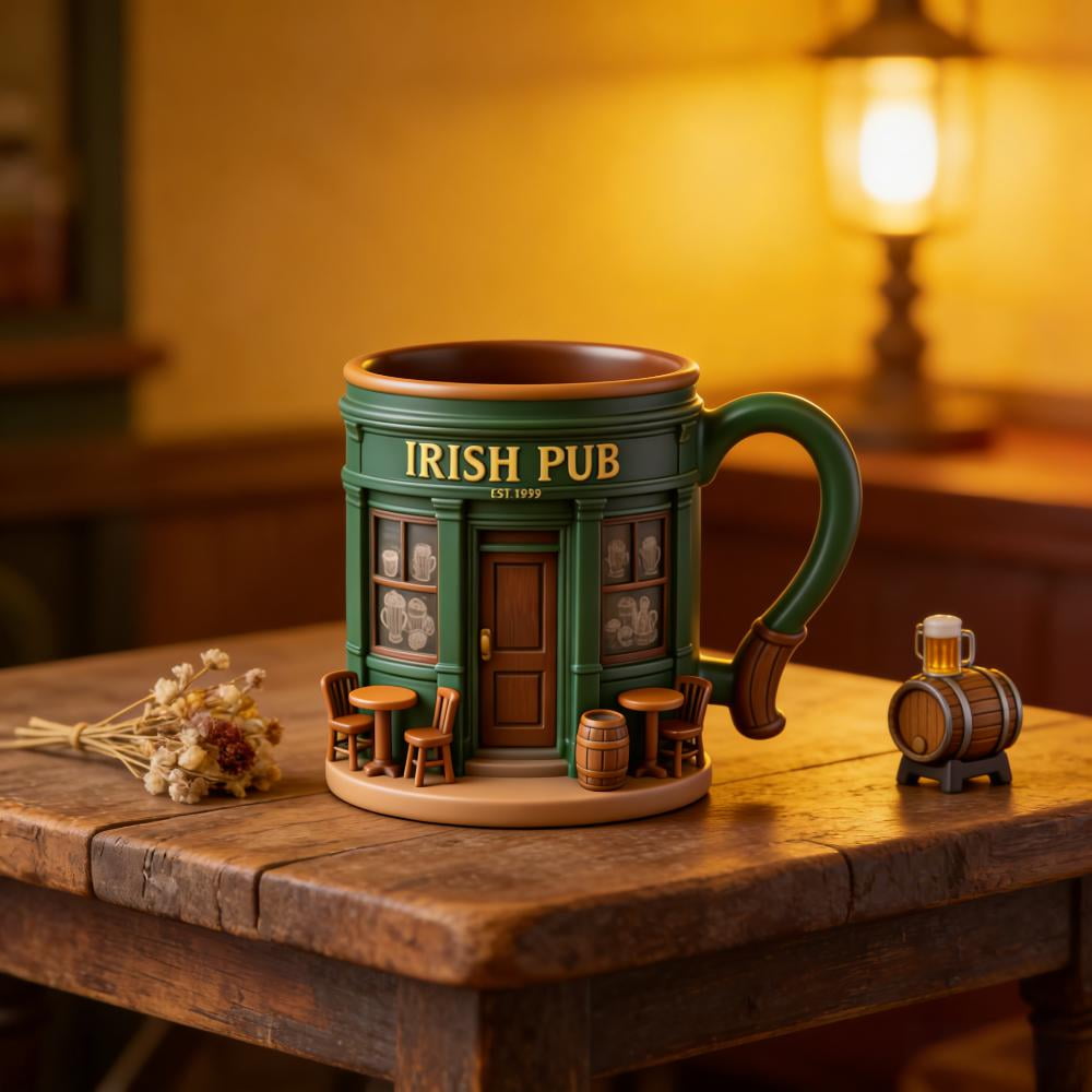 WKSCLPAI St. Patrick’s Day Irish Pub Mug, EST. 1999 Exquisite Vintage Coffee Mug, 3D Vintage Bar Design Winter Mugs for Coffee Lovers & Decor Fans