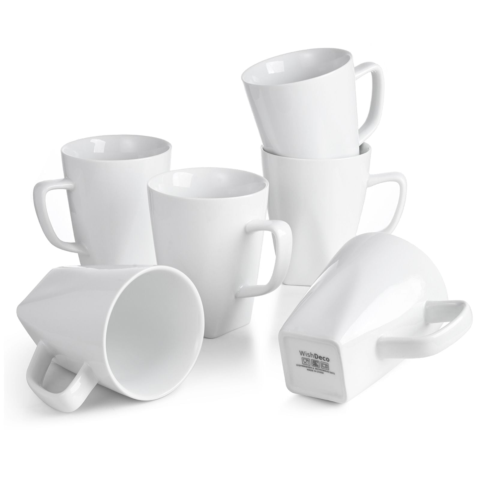 WishDeco White Coffee Mugs Set of 6, Ceramic Coffee Cups 14 oz, Modern Tea Mugs, Porcelain Tea Cups, Large Mug for Latte, Cappuccino, Milk, Juice, Cocoa, Square Bottom, Microwave and Dishwasher Safe