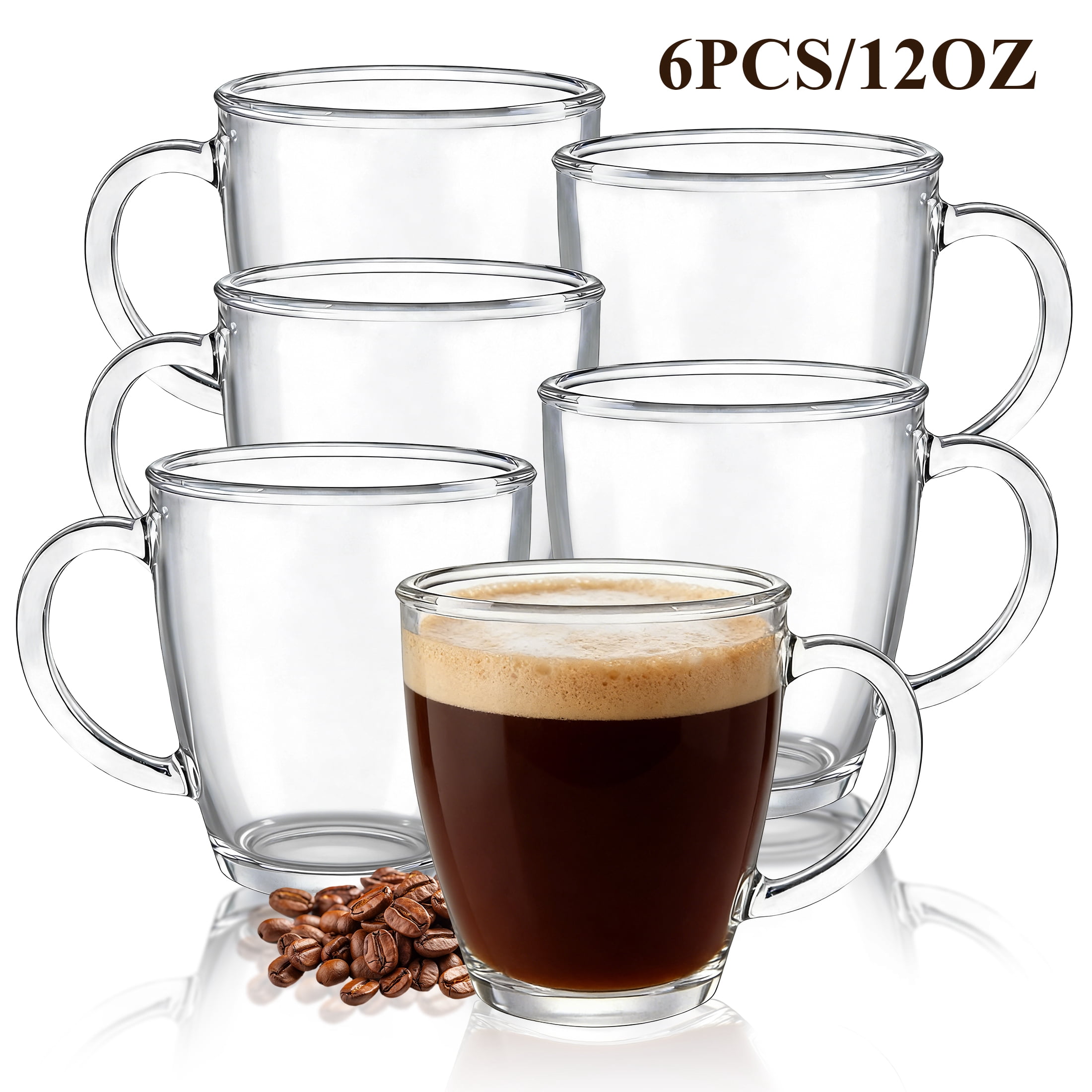 Yalumo Glass Coffee Mugs Set of 6, 12oz Clear Coffee Cups with Handle, Tea Cup Set for Hot/Cold Beverages, Glass Mugs for Tea, Latte, Cappuccino, Juice, Smoothies