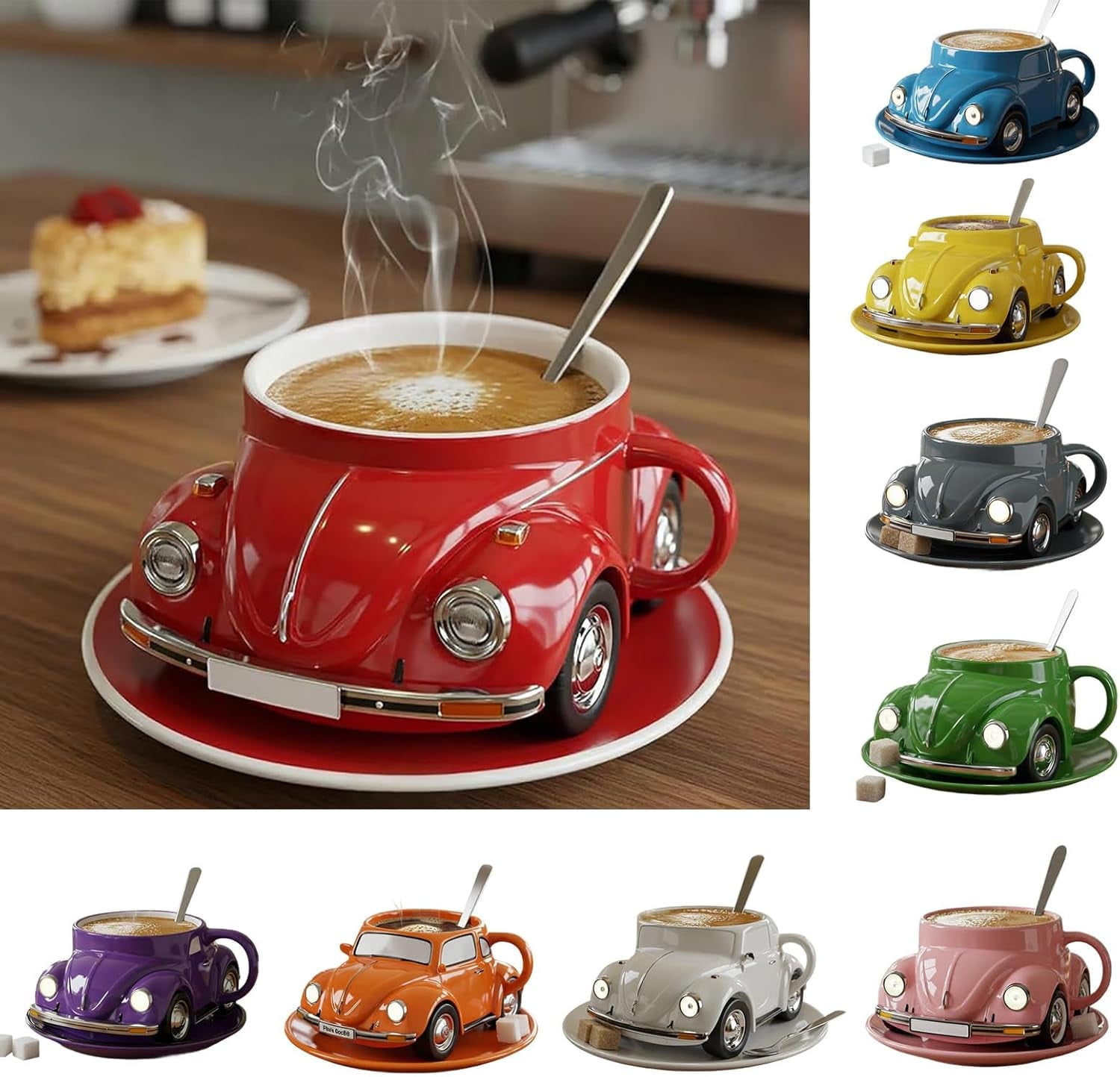 Beetle Shaped Coffee Mug, Handmade Ceramic Beetle Shaped Coffee Mugs, Novelty Tea Cup Home Office Decor, Car Shaped Coffee Mug for Car Fans, Creative Gifts for Beetle Lovers (Red)