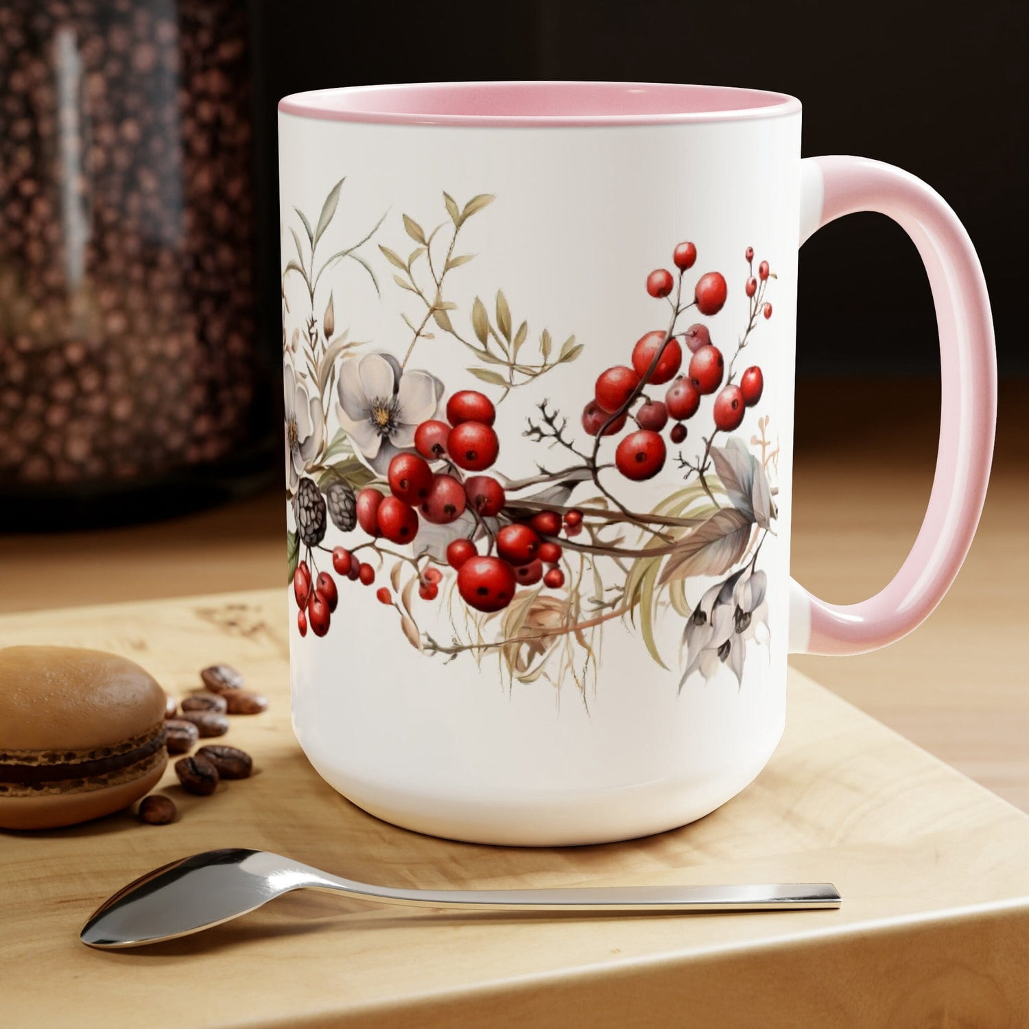 Berry Garland Coffee Mug Botanical Winter Floral Art Ceramic Cup Kitchen Decor