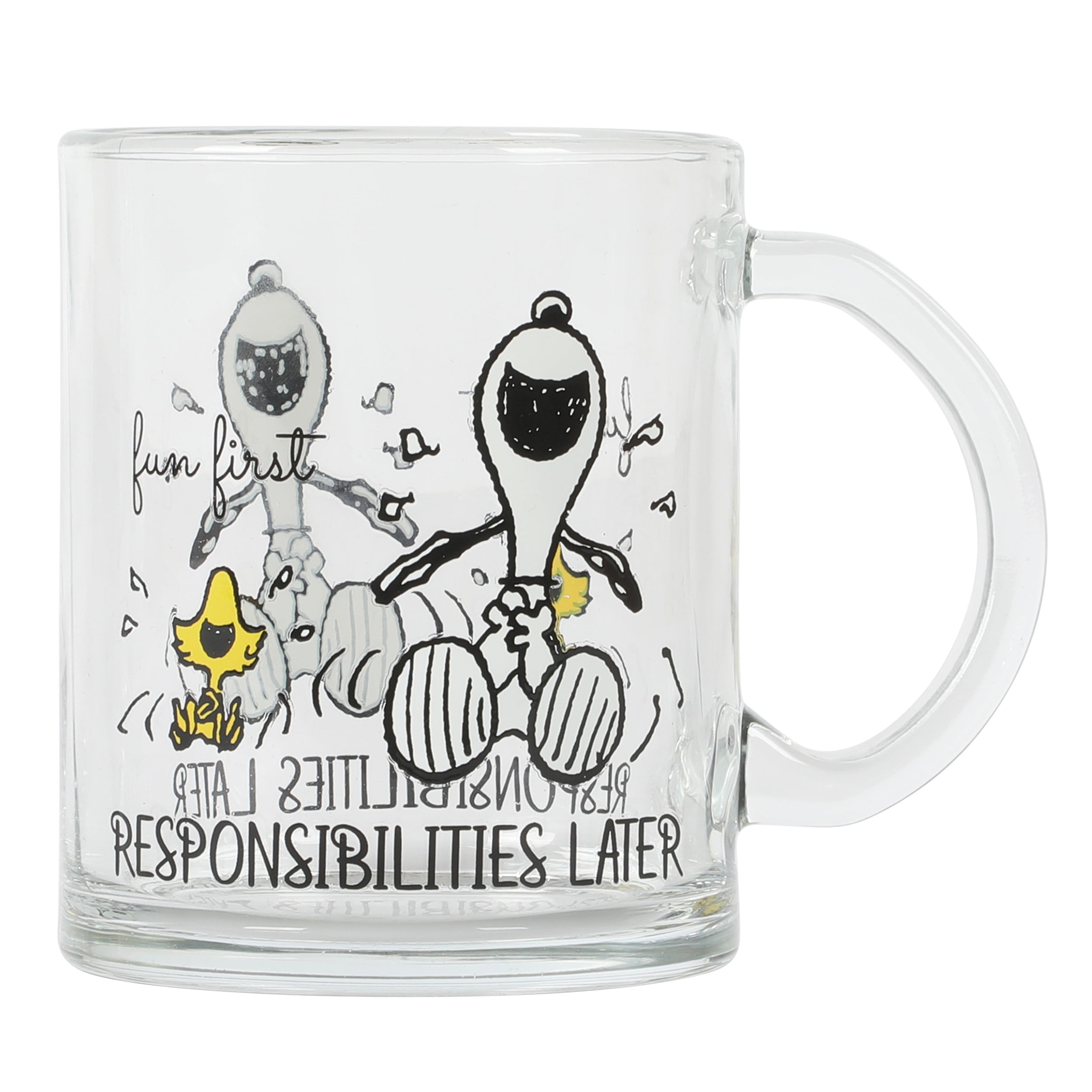 GIBSON HOME GLASS SNOOPY FUN FIRST RESPONSIBILITIES LATER MUG