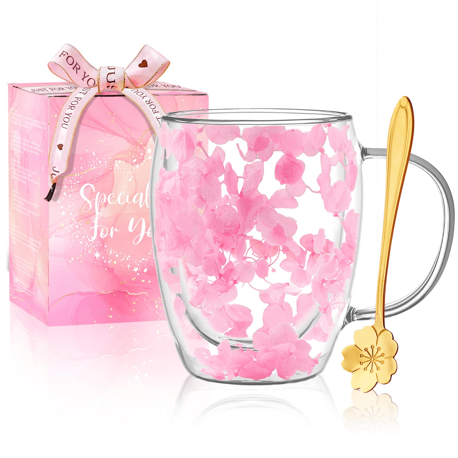 Gifts for Women Dried Flowers Double Wall Glass Coffee Mugs Cute Glass Tea Cups with Handles Autumn Mug Christmas Birthday Gifts for Best Friend Teacher Mum Gift New Home Gift Ideas Home Decor