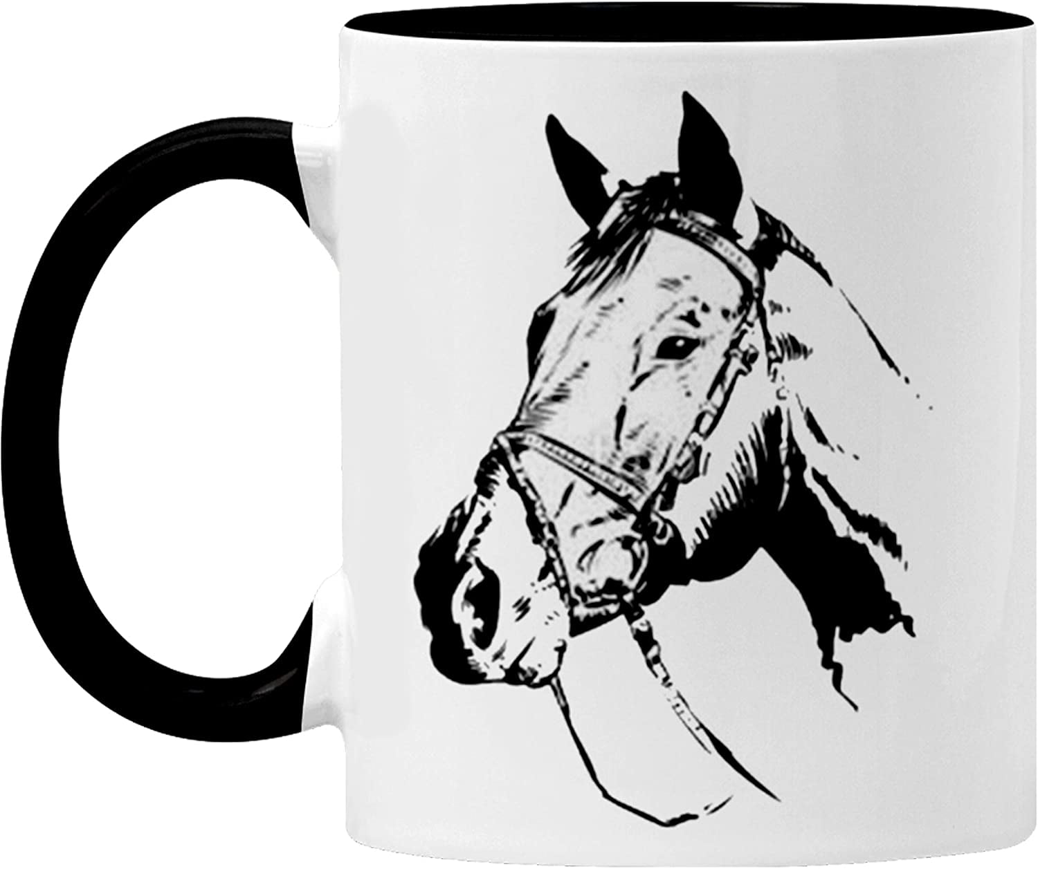 Horse Mug – Coffee Cup - Horse Lovers Gift - Ceramic Mug - Horse Decor - Horse Gifts - Black/White - Microwave and Dishwasher Safe- 11oz - By GTR SOURCE.(Handle and interior black)