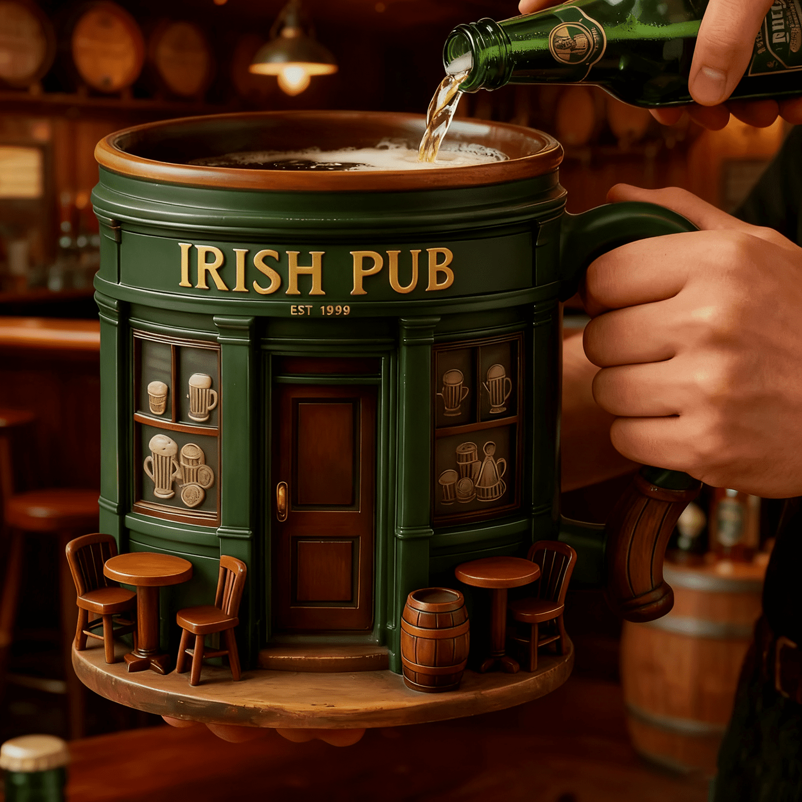 Irish Pub Themed Resin Coated Stainless Steel Coffee Mug for Home Decor, Kitchen Use, and Outdoor Activities, Unique Crafts Ornament Gift Idea, 1x Mug (16 oz)