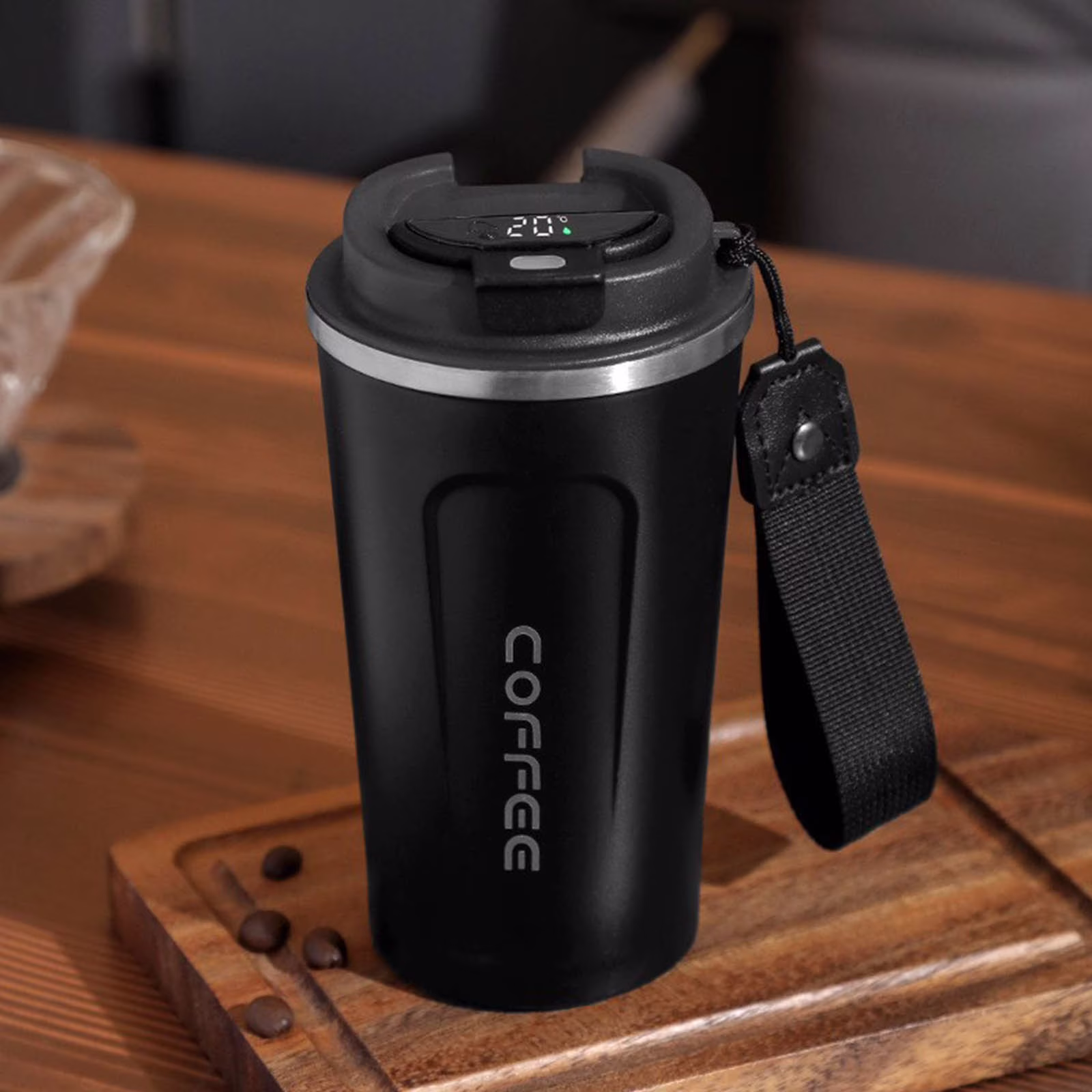 Kchsj Smart Insulated Stainless Steel Coffee Mug Travel Vacuum Tumbler with Temperature Display,510ml Leakproof Lid, Portable Carry Rope, Car Friendly, Hot & Cold, Easy Clean,Food Grade,Durable Black