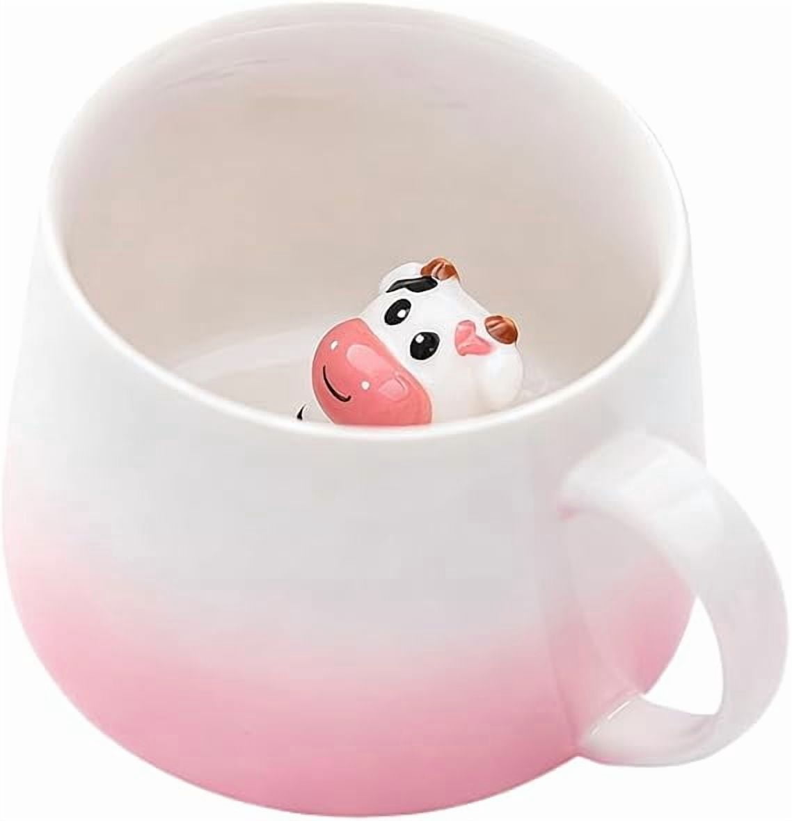 Pink Cow Cute Mug 3D Animal Figurine Inside Mug Handmade Novelty Ceramic Coffee Cup Christmas Birthday Gift for Boys,Girls,Men,Women (Pink Cow)